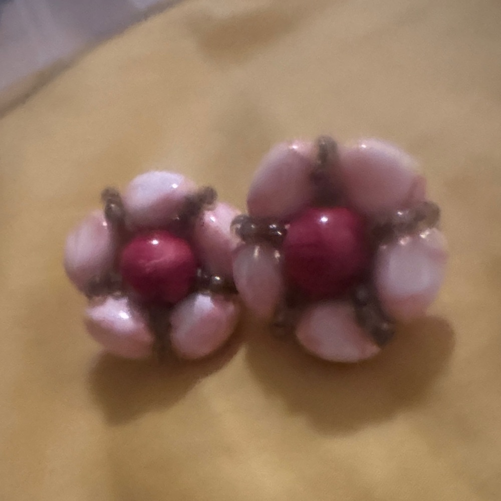Pink Floral Stone Clip-On Earrings